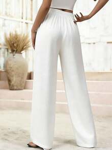 Women's Linen Palazzo Pants, Adjustable Waist With Drawstring, Side Pockets, Casual And Breathable For Vacations - 白色 - 查看 5