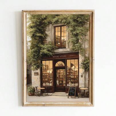 1pc Framed/Unframed Moody Cozy Bookstore Cottagecore Vintage Canvas Poster Street Book Shop Library Cafe Wall Art Print Reading Nook Decor Retro Painting For Dorm,Office,Bedroom,Modern Home Decoration