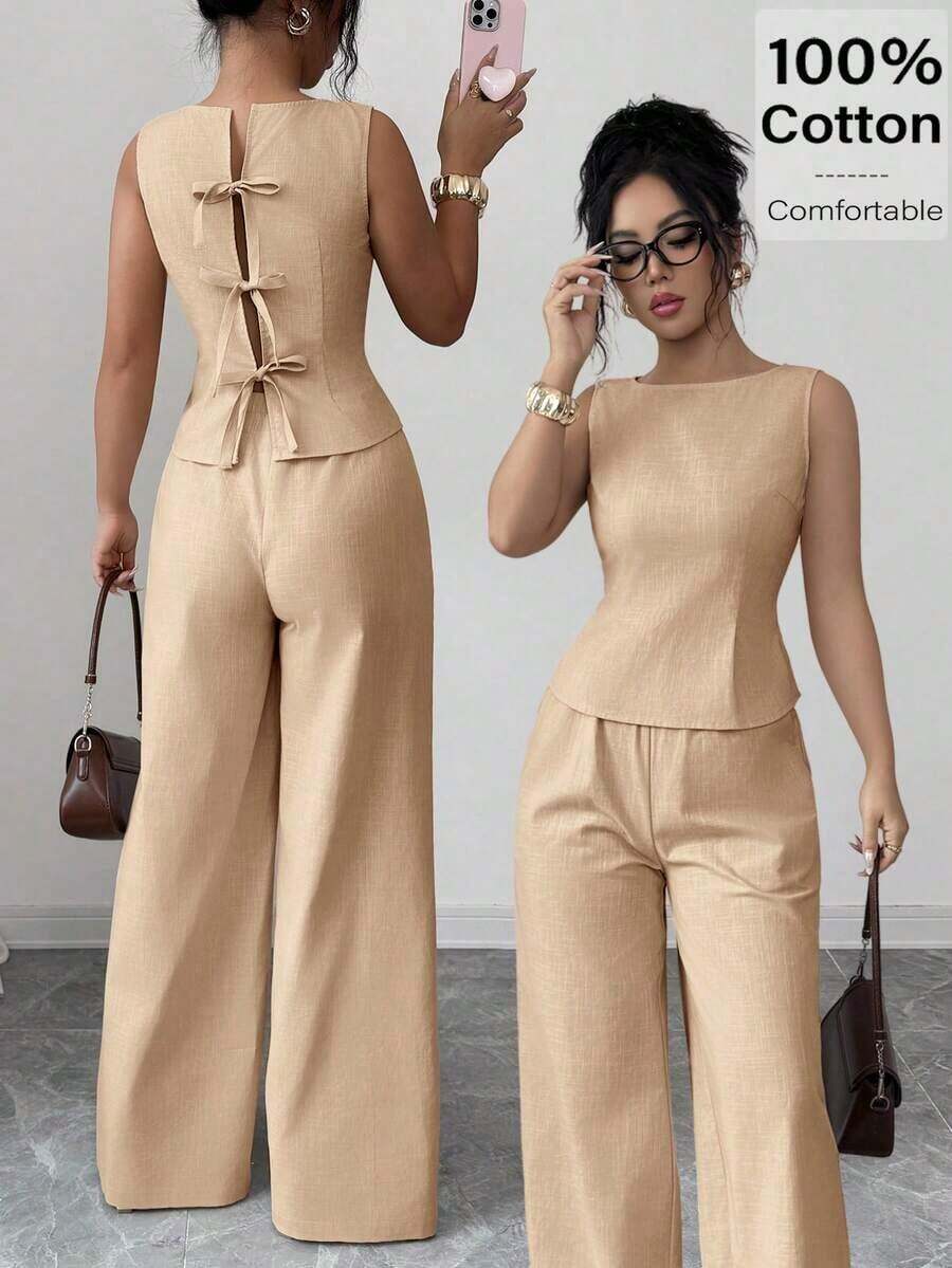 Conjunto de 2 piezas elegante con camiseta de tirantes con detalle retorcido en la espalda y pantalones de pierna ancha de unicolor para mujer - Caqui - Ver 1