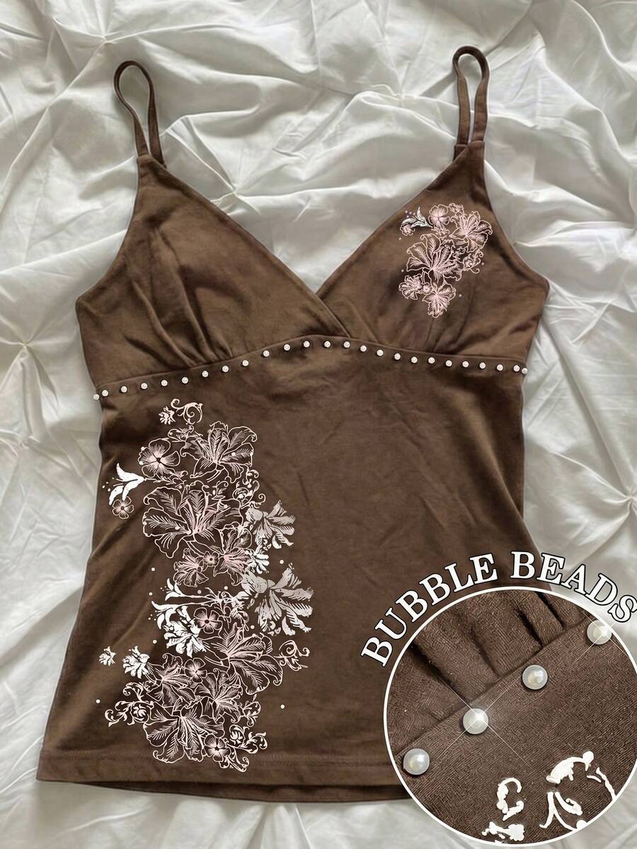 女款棕色扶桑花印花休閒無袖細肩帶背心上衣,夏季沙灘穿搭上衣 - 棕色 - 查看 1