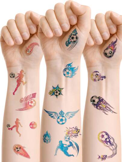 STARTTOOS 4pcs Glitter Ombre Flame Football Theme Temporary Tattoos, Waterproof & Long-Lasting, World Cup Sports Fan Cheering, Face/Arm/Body Decorative Stickers