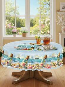 1pc-Summer Beach Nautical Tablecloth, Ocean Wave Message Bottle Print Table Cover, Polyester Coastal Table Cloth For 4th Of July, BBQ, Picnic, Pool Party, Labor Day, Indoor Outdoor Kitchen Dining Patio Home Holiday Decoration - Multicolor - View 10