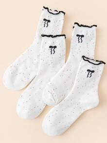 4 pares de calcetines de media caña, unisex, con lazo negro y ribete de volantes, transpirables, primavera/verano - Negro - Ver 4