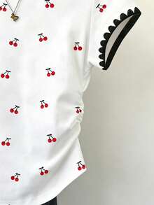 Women's Casual Cherry Print Short Sleeve Round Neck T-Shirt, Suitable For Sports, Home, Street, Spring/Summer, Graduation, Back To School, Beach, Holiday, Sweet, Youthful, Outdoor White - White - View 3