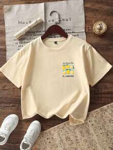 Tween Boy-La Dolce Vita Lemon Print T-Shirt, Soft And Comfortable Fabric, Suitable For Boys Outdoor Sports, Casual Wear, Streetwear, Campus Wear, Fashionable Tween Boys Spring/Summer Versatile Top - Apricot - View 6