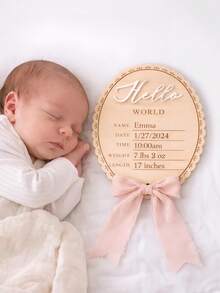 1pc Baby Announcement Sign Wooden Hello World Plaque With Bows Newborn Name Sign Baby Girl&Boy Birth Reveal Gift Baby Essentials Welcome Baby Boy&Girl Baby Photoshoot Pregnancy Essential Baby Accessories Newborn Photoshoot Prop Hospital Birth Baby New Born Essentials Postpartum Essentials - Pink - View 4