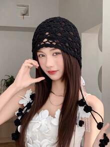 1 chiếc mũ len dệt kim có nơ ren và tua rua, kiểu dáng boho rỗng ruột, làm thủ công, phụ kiện đội đầu. - Nhiều màu - Xem 14