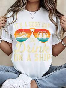 Camiseta de manga corta negra con diseño de barco y cerveza, "Es un buen día para beber en un barco con gafas de sol", para vacaciones en crucero y fiestas en la playa. - Blanco - Ver 2