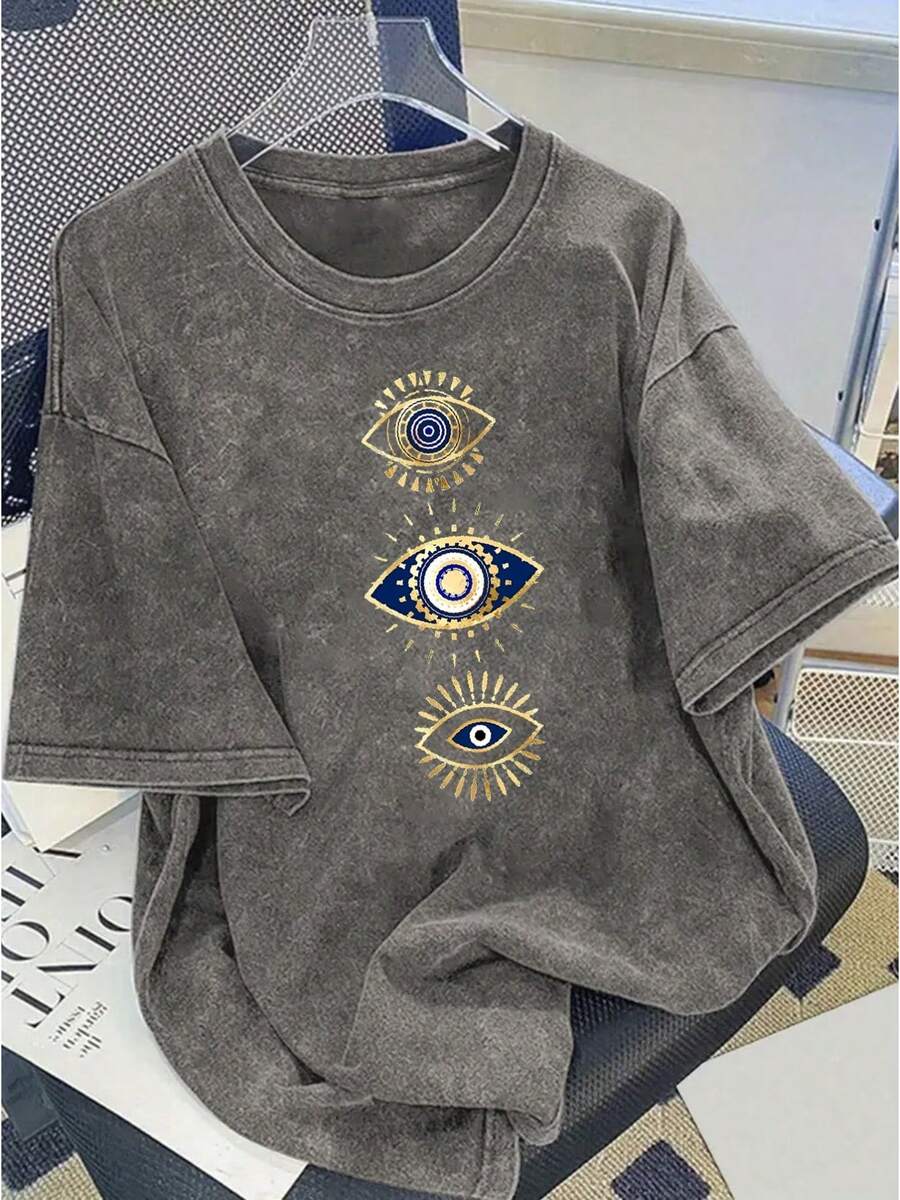 Fashionable Vintage Women's T-Shirt, Elegant And Exquisite, Made Of 100% Pure Cotton With A Heavy Wash Effect, Loose Fit And Short Sleeves, Creative Custom Design With The Mystical Y2K Symbol Of The Turkish Eye, American Casual Sporty Style, Ideal For Outdoor Travel, Gift. - 灰色 - 查看 1