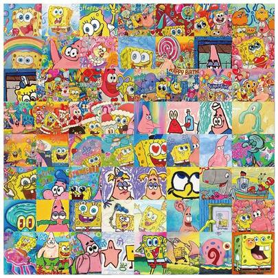 SpongeBob SquarePants 62pcs Cartoon Stickers, Cute Bikini Bottom Character Waterproof Durable Decorative Stickers, Removable Without Residue For Beautifying Water Bottles, Notebooks, Luggage, Phone Cases, Diaries. Ideal For Party Favors, Holiday Gifts, Back To School & Graduation Gifts For Students & Adults.