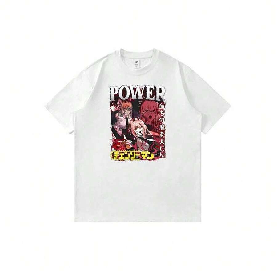 Camiseta unisex de manga corta con estampado de estilo anime "Motosierras - Poder humano - El demonio de sangre" - Ropa urbana de verano - Blanco - Ver 1
