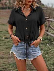 Camisa de verano para mujer, casual, suelta, de un solo botón y unicolor - Negro - Ver 4