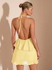 Vestido corto de gasa con hojas de loto en cascada de color rojo sólido, adecuado para citas diarias, salidas nocturnas, discotecas, fiestas, reuniones, fiestas de cóctel, fiestas de piscina, ropa de vuelta al colegio, vestidos de temporada esco - Amarillo - Ver 2