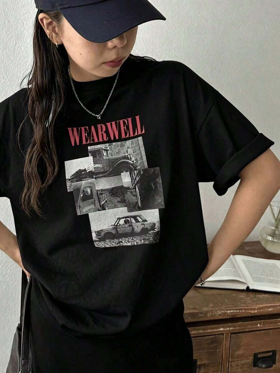 Diseñada para mujeres modernas, elegantes y cómodas, estampado de foto de coche retro, blanca, camiseta de manga corta, 100% algodón, corte holgado para mujer, casual, disponible para entrega nacional. 1 pieza de camiseta de manga corta con cuello redondo de algodón puro para mujer. Es adecuado para usar en primavera y verano, la tela es cómoda y la longitud es estándar, lo que lo hace perfecto para salidas informales y actividades al aire libre en el verano. Confeccionado con tela suave y transpirable de primera calidad, diseñado para ofrecer comodidad durante todo el día y uso diario versátil, perfecto para salidas informales. - Negro - Ver 1