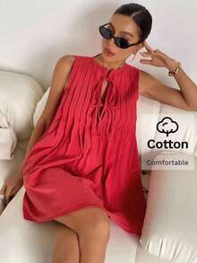 Vestido corto casual y sencillo sin mangas con lazo frontal de unicolor para mujer - Rojo - Ver 7
