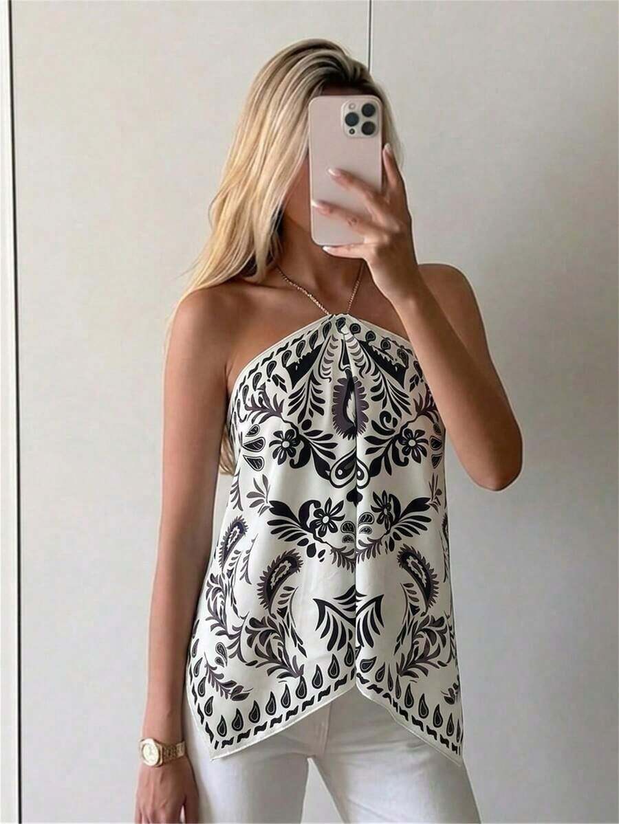 Blusa de mujer elegante con cuello de halter, estampado de tinte anudado y gasa para vacaciones en la playa - Blanco y Negro - Ver 1