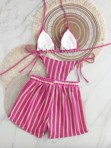 Swim Vcay Set de 3 piezas de cubrecosturas de crochet con cordón estilo boho para bikini - Rosa - Ver 2