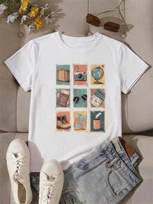 Nueva camiseta de manga corta con cuello redondo para mujeres, diseño estival, con un sencillo y moderno estampado de letras, transpirable y absorbe la sudoración.Envío exprés desde almacén local, modelo para parejas, ropa de pareja - Azul y blanco - Ver 2