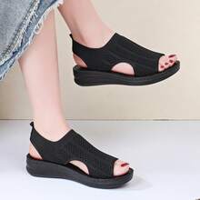 1 Pair Women's Slip-On Beach Sandals With Fabric Texture PU Sole, Wedge Heel, Suitable For Commuting, Casual, Walking - Black - View 9