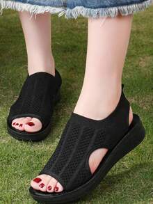 1 Pair Women's Slip-On Beach Sandals With Fabric Texture PU Sole, Wedge Heel, Suitable For Commuting, Casual, Walking - Black - View 17