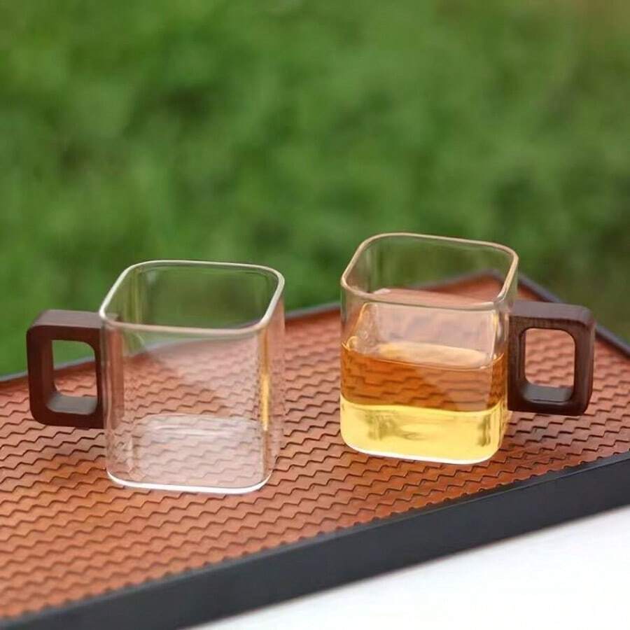 2/4/6/12个装木柄玻璃杯，高硼硅玻璃杯，大容量咖啡杯，家用奶茶果汁单层杯，小容量现磨咖啡杯，胡桃木柄咖啡杯，家用早餐奶茶杯及其他饮品杯，节日礼物，母亲节礼物，父亲节礼物，派对杯 - 彩色 - 查看 1