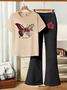 1 Set Leopard Print & Bow Graphic Short Sleeve T-Shirt And Flare Pants Outfit, Casual Loose Fit Round Neck Tee For Teenage Girls, Suitable For Spring And Summer Wear At School Or Outdoor - Multicolor - View 2