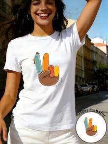 Women's Pure Cotton T-Shirt With Print - 2D Geometric Turkey Heart Design, Bright Colors And Full Of Fun, Casual Short Sleeve Round Neck Top Suitable For All Seasons, Available In Various Colors And Sizes, Holiday Fashion, Retro Aesthetic, Breathable Material, Fun Prints. - 白色 - 查看 6