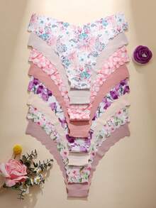 8pcs/Set Women's Seamless Printed & Solid Color Wavy Trim Comfortable Smooth Fabric Triangle Panties - Multicolor - View 2