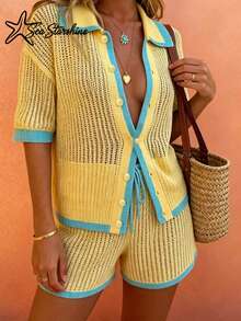 Conjunto de 2 piezas de estilo de vacaciones de playa primavera/verano nuevo, cárdigan de punto de ganchillo de manga corta con bloques de color amarillo y azul dopamina + pantalones cortos con cordón - Amarillo - Ver 2