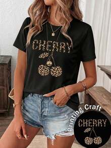 Nueva camiseta de manga corta con cuello redondo para mujeres, estación de verano, diseño de flores de cerezo con estampado de leopardo, camiseta femenina limitada de temporada, transpirable y absorbe la sudor.blusas para mujer playeras de mujer blusas casuales para dama - Negro - Ver 11
