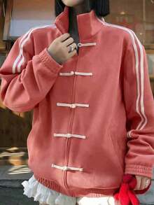 Cárdigan de punto negro de moda para mujer, de manga larga, con detalle de rayas laterales, forro cálido, longitud regular para primavera - Rosa coral - Ver 3