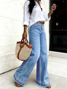 Jeans de pierna ancha y larga para mujer, con acabado lavado, detalles de botones y bolsillos, bajo deshilachado, para un efecto de denim casual de primavera - Lavado ligero - Ver 3