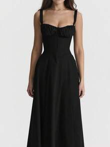 Vestido largo de tirantes estilo francés con flores suaves - Negro - Ver 2