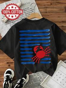 Women's Spring/Summer Leisure Top, Playful Crab Stripe Print, Round Neck Short-Sleeved T-Shirt, Print On Both Sides. - Black - View 2