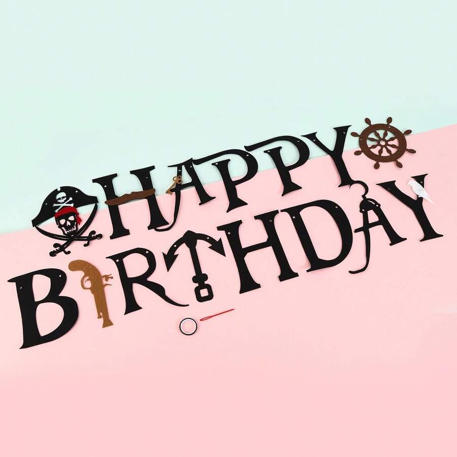 一套海盗主题生日派对装饰,黑色纸质派对横幅,印有骷髅头、锚、舵、钩子和枪的图案,适用于海盗寻宝派对、海盗主题生日派对、迎婴派对、节日和其他场合,男女皆宜。 - 多色 - 查看 1
