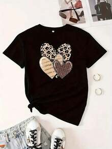 Camiseta con estampado de leopardo en forma de corazón, top casual de manga corta y cuello redondo, adecuada para la primavera, el verano y el otoño de las mujeres. - Negro - Ver 6