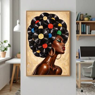 1pc Framed/Unframed African Style Vinyl Record Fashion Canvas Poster, Abstract Music Urban Wall Art Print, Luxury Style Painting Suitable For Dorm, Living Room, Bedroom, Modern Home Decor