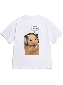 This Limited-Edition Spring/Summer 2026 Short-Sleeved T-Shirt Is Made Of Lightweight, Breathable Cotton And Features A Cute And Fun Illustration Of A Hamster Wearing Headphones Combined With Korean Speech Bubbles. Comfortable And Gentle On The Skin, This Cute And Fun T-Shirt Is Perfect For Everyday Wear For Those Who Love Cute And Playful Styles. - 白色 - 查看 1