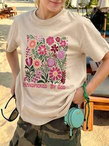 Women's Short-Sleeved T-Shirt With A Round Neck And Sheep Slogan Print, New For Summer, Simple, Fashionable, And Versatile, Suitable For Everyday Wear. Available In White, Black, And Pink. Unisex Cotton Short-Sleeved Round-Neck T-Shirt, Casual Vintage Urban Style. - 杏 - 查看 5