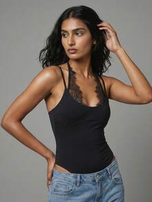 Women's Tight Thong Bodysuit Elegant Lace Patchwork Sleeveless Spaghetti Strap Backless Romper - Negro - Ver 3