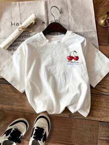 Women's Short-Sleeved Sporty T-Shirt With Round Neck And Cherry Print. - White - View 2