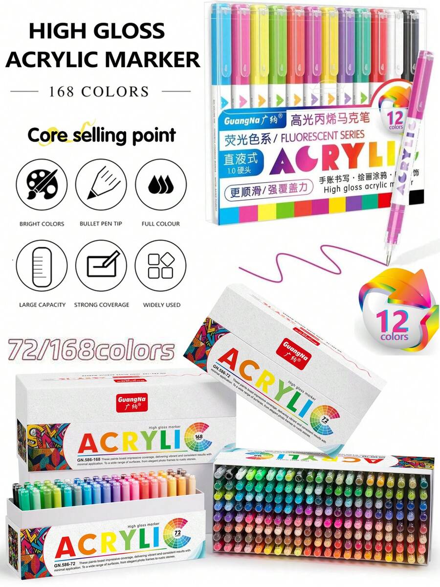 Set de 168 colores de pintura acrílica y bolígrafos de gel, 12 piezas (14 temas de color) opcionales, tinta fluorescente vívida, punta de bola flotante de 360°, crea un efecto 3D suave - resistente al agua, resistente a la luz, alta cobertura, gran capacidad de tinta, marcadores de arte para estudiantes, colores apilables, tinta de bloqueo de papel - adecuado para pintura en vidrio/roca/Body, libros para colorear DIY | Set de regalo para niños/niñas (Navidad y vuelta al colegio)