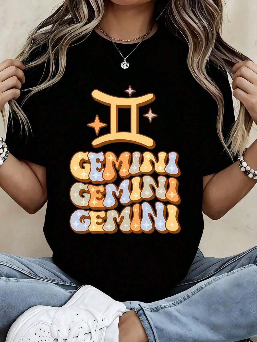 Fashionable Women's T-Shirt With Gemini Zodiac Sign Graphic Print, Casual Clothing For Daily Outfits And Astrology Lovers, Maija, Elegant Short Sleeve For Women. - 黑色 - 查看 1
