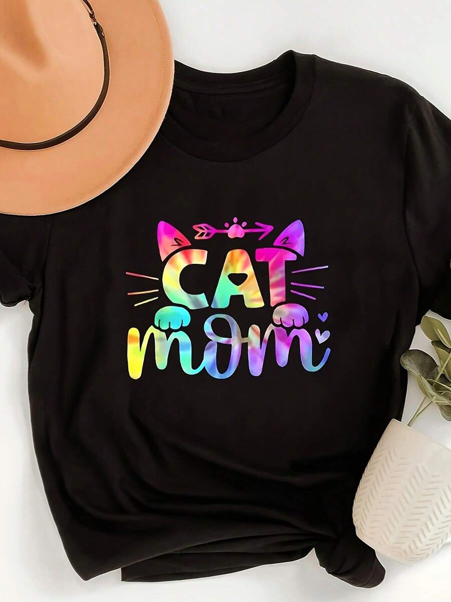 Camiseta de Mujer - Camiseta Casual con Estampado de Mamá de Gato - Estampado de letras en degradado colorido, con divertidos diseños de orejas y patas de gato, cuello redondo, corte regular, lavable a máquina, camiseta negra, adecuada para amantes de los gatos, camiseta elegante. |   Camiseta con estampado llamativo |   Tops de ajuste cómodo para mujer - Negro - Ver 1