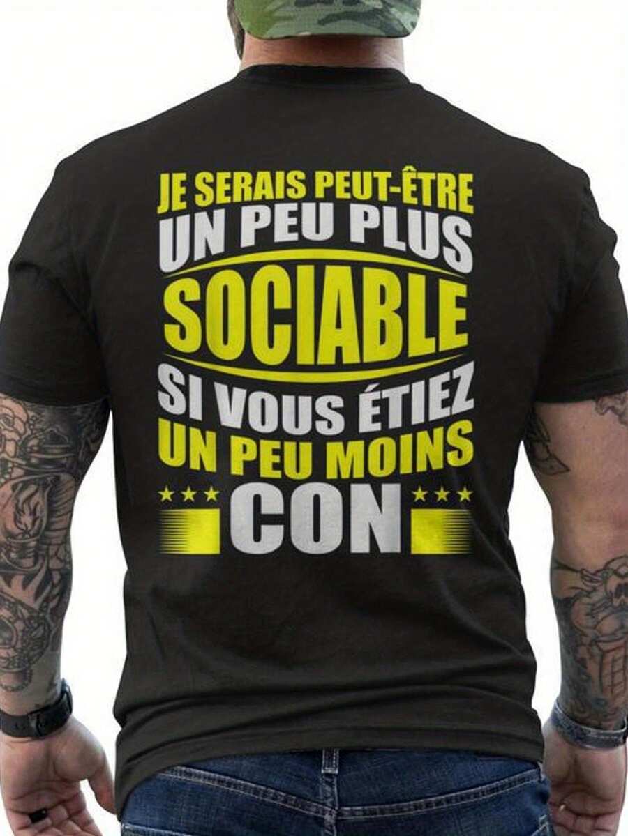 Men's T-Shirt With A Funny French Quote Print On The Back - "Je Serais Plus Un Peu Social" - Humorous Phrase - Breathable Fabric, Short Sleeves, Crew Neck, Casual Style - With Yellow Text - Funny Gift For Men - Comfortable And Fun Graphic T-Shirt For All Seasons With Geometric Design - Loose And Comfortable For Summer. - Black - View 1