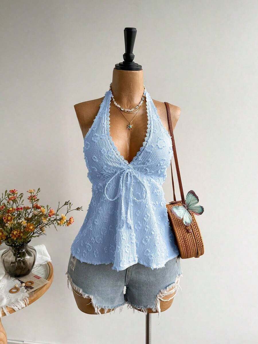 Conjunto de Playa Casual sin Espalda para Mujer, Estilo Bohemio, para Vacaciones, Festival de Música Hawaiana, Vacaciones Tropicales, Top Halter de Verano - Azul - Ver 1