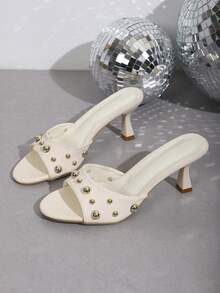 2026 New Women's Retro Western Style Wedding Rivet Rhinestone Round Toe Comfortable Versatile Beige Mule High Heel Sandals - Off White - View 3
