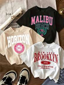 Paquete Prenda individual, no un conjunto de 3 piezas, 1 piezas/set de camisetas de manga suitable for streetwear, Top oversized cuello redondo daily outings, camping, concerts, hip-hop, rock, and rap events estampadas mujer corte recto manga corta cuello redondo tshirt playera dama gráfico diseño urbano universitario ciudades Brooklyn Texas New York - Negro - Ver 1
