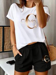 Conjunto de 2 piezas - Conjunto de pantalones cortos deportivos elásticos con estampado informal de verano para mujer, cuello redondo, manga corta, color negro - negro oscuro - Ver 2