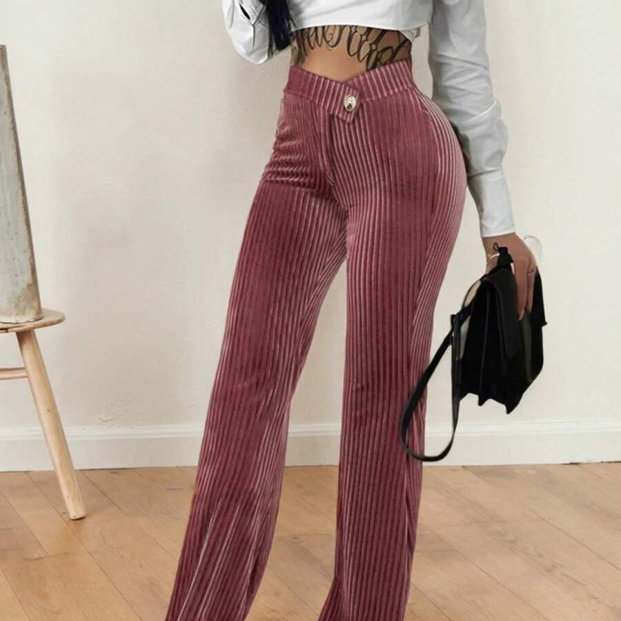 Pantalones de pierna ancha rectos de pana para mujer, ropa de calle, moda versátil, ajustado, a rayas, con cremallera, cintura baja en V - Rojo - Ver 1